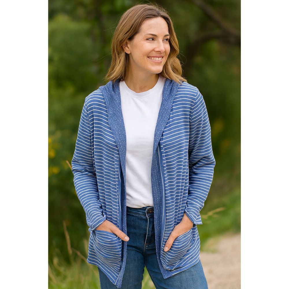 Habitat Open Front Knit Cardigan Hoodie Large Blue Polka Dots | Stripes Pockets